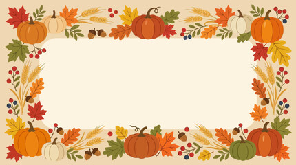 Fototapeta premium Autumn leaves, pumpkins, and berries frame a blank cream space for Thanksgiving holiday greeting messages.