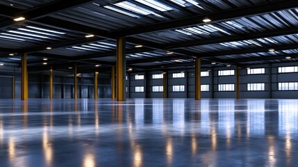 Fototapeta premium Spacious industrial warehouse interior, polished floors reflecting lights, large skylights above