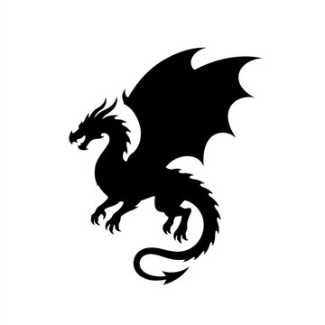 Dragon silhouette flying in black and white. Mythical creature vector illustration for fantasy and gaming designs.