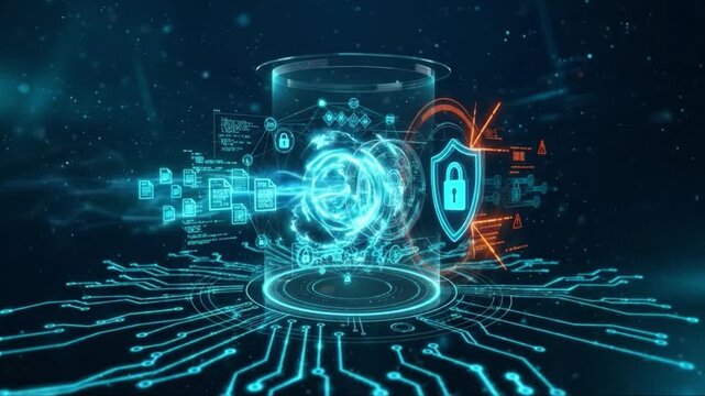 Data security cybersecurity digital protection network safety information encryption technology hologram shield lock circuit board data flow digital interface virtual technology background concept
