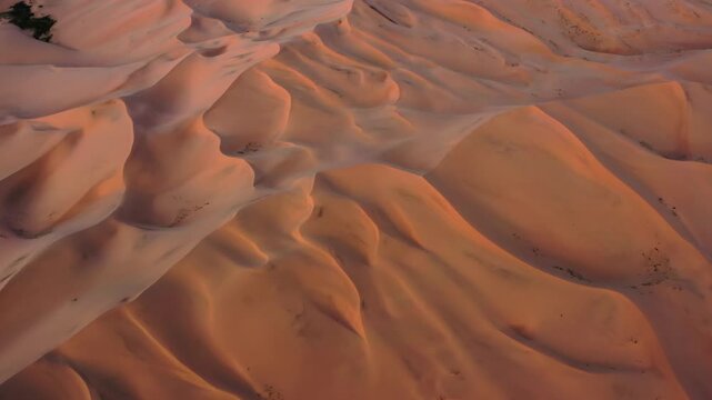 Aerial view of Gobi Desert sand dunes in Nomgon, Mongolia.