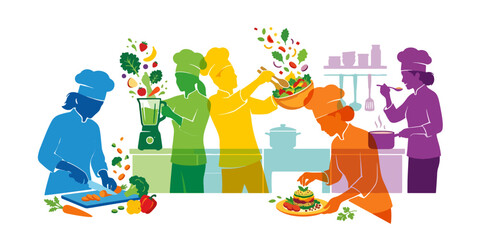 Fototapeta premium Vibrant culinary team preparing healthy meals, diverse chefs cooking fresh ingredients, colorful vector illustration for food and nutrition concepts