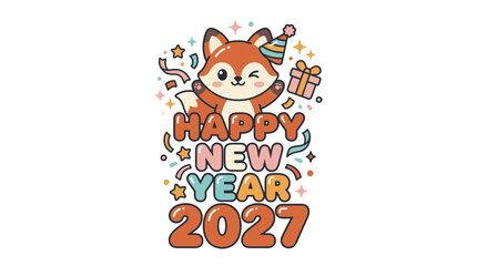 Fototapeta premium Cute Cartoon Fox Celebrating Happy New Year 2027 18.