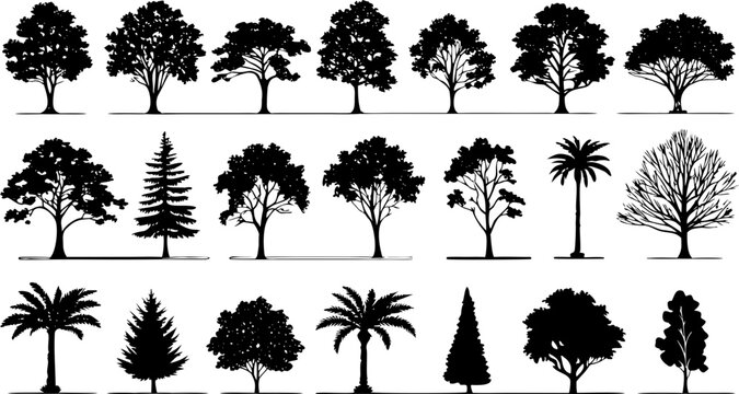 Collection of black and white architectural tree silhouettes set