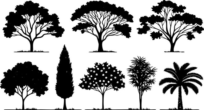 Collection of eight black and white tree silhouettes on white ground