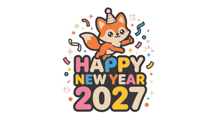Fototapeta premium Cute cartoon fox celebrating happy new year 2027 48.