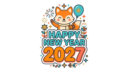 Fototapeta premium Cute Cartoon Fox Celebrating Happy New Year 2027 Design 7.