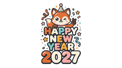 Fototapeta premium Cute cartoon fox celebrating Happy New Year 2027 design 8.