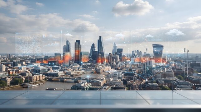 City skyline features digital network overlay connections across urban skyscrapers.
