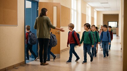 Fototapeta premium Teacher guides an orderly earthquake drill classroom exit