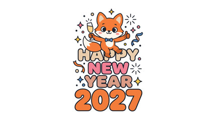 Naklejka premium Cute cartoon fox character celebrating Happy New Year 2027 8.