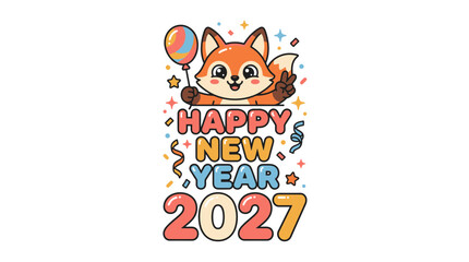 Fototapeta premium Cute cartoon fox holding a balloon celebrating happy new year 2027.