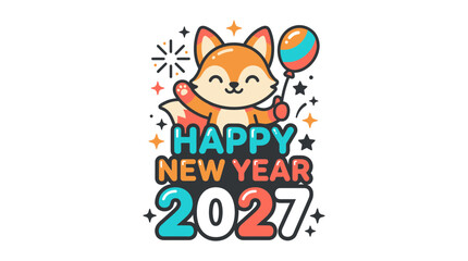 Fototapeta premium Cute cartoon fox holding a colorful balloon for Happy New Year 2027 celebration.