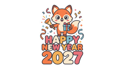 Fototapeta premium Cute cartoon fox holding a gift and party blower celebrating Happy New Year 2027.