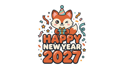 Fototapeta premium Cute Cartoon Fox Holding a Gift Box Celebrating Happy New Year 2027.