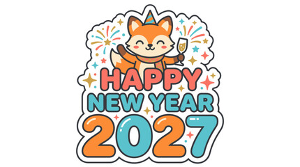 Fototapeta premium Cute Fox Cartoon Celebrating Happy New Year 2027 Sticker.