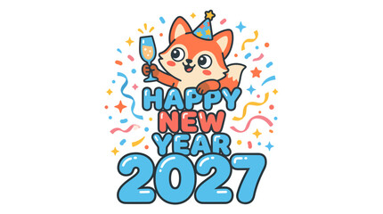 Fototapeta premium Cute Fox Cartoon Character Celebrating Happy New Year 2027.