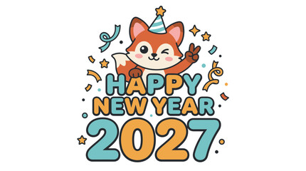 Fototapeta premium Cute Fox Cartoon Happy New Year 2027 Celebration Design.
