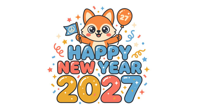 Cute Fox Cartoon Character Celebrating Happy New Year 2027 1.