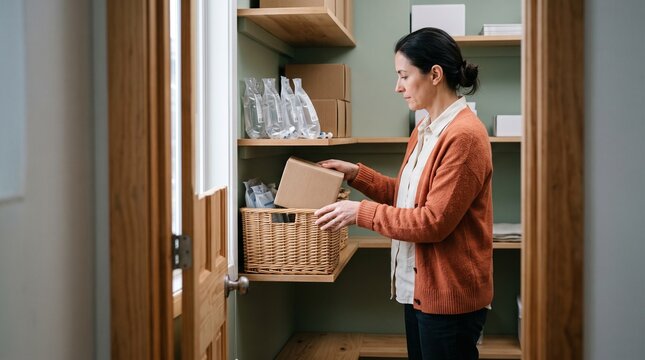 Adult checks home dialysis inventory in a quiet utility closet