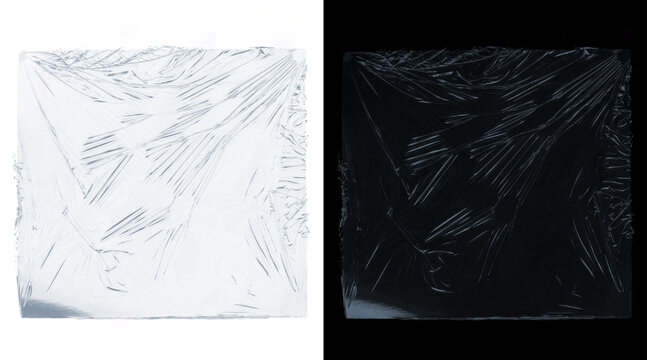 Transparent plastic wrap texture on black and white backgrounds. Wrinkled cellophane stretch film overlay. Realistic cling film packaging material.