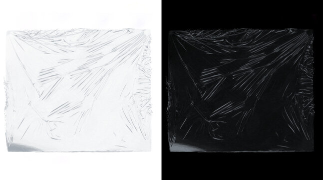 Transparent plastic wrap texture on white and black background. Wrinkled cellophane film overlay. Clear polyethylene stretch wrap for packaging design.