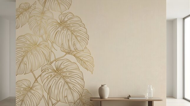 Gold monstera leaf line art mural on beige wall with modern console table