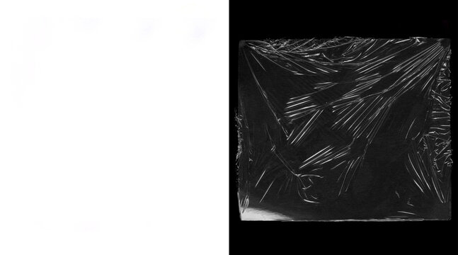 Transparent plastic wrap texture on black background, wrinkled cellophane overlay, glossy polyethylene film for packaging mockups