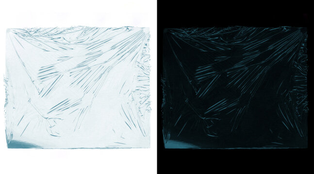 Transparent plastic wrap texture set, wrinkled cellophane overlay on white and black backgrounds, realistic cling film packaging material