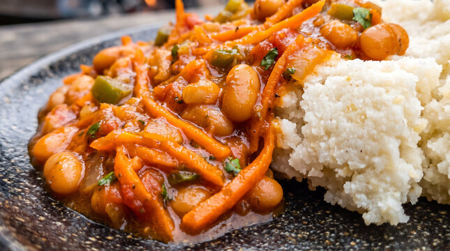 Spicy South African Chakalaka Relish Served with White Pap Porridge Close-Up

Keywords