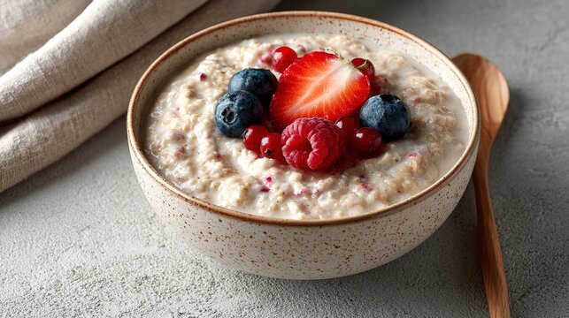 Bowl of oatmeal porridge topped with fresh berries on concrete table