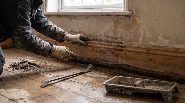 Careful removal of water damaged trim during home restoration