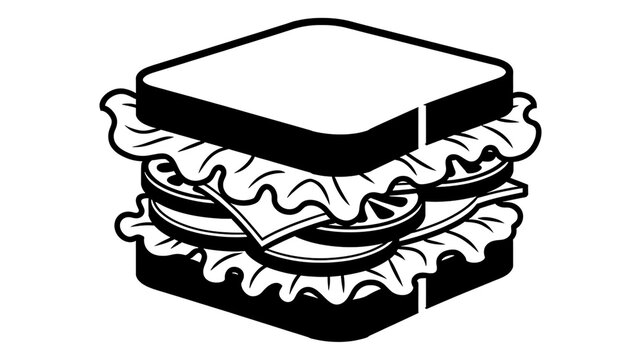 A minimalist black and white line art illustration of a fresh layered sandwich with vegetables and cheese