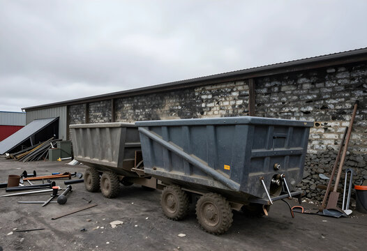 Two industrial dump trailers parked on a dirt lot next to a brick building under an overcast sky, the scene includes various tools and debris scattered around the trailers, a working or storage