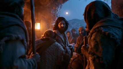Obraz premium Shepherds and figures gathered inside a stable witnessing the birth of jesus