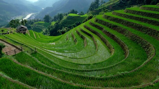Iconic landscape with some of the most photogenic paddy fields in South East Asia. Aerial fly over this surreal landscape with layers of terraces, foreground leading lines looking towards valley.