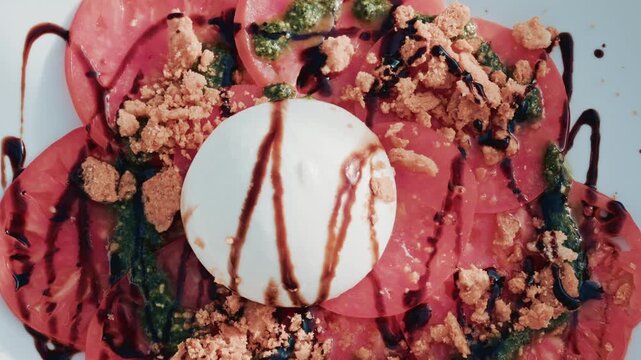 Close up motion of burrata cheese and sliced tomatoes on white plate, food video, cinematic shot.