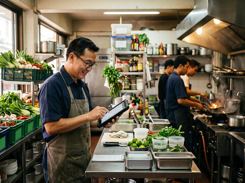 small independent restaurant owner checking food inventory on a tablet in a professional kitchen