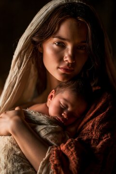 Young mother cradling her sleeping newborn baby, soft dramatic lighting, classical artistic style
