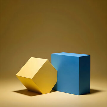 Yellow dodecahedron and blue rectangular prism geometric shapes on a warm brown background with shadow, the objects cast shadows, creating depth and visual interest