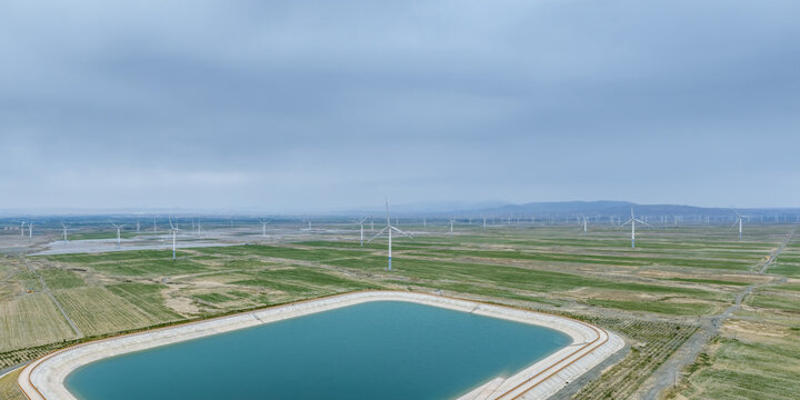 Wind Farm and Artificial Reservoir on Gobi Plain in northwest China.