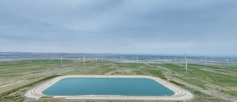 Wind Farm and Artificial Reservoir on Gobi Plain in northwest China.