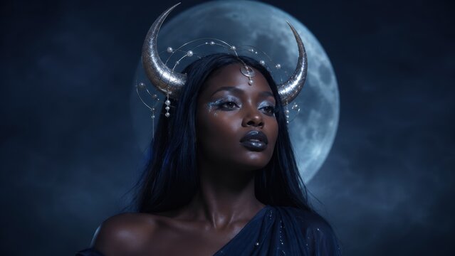 fantasy woman with silver horns and pearl headpiece gazing upward in front of glowing full moon at night