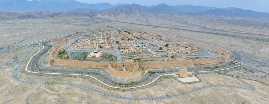 Aerial View of Yongtai Ancient City on Gobi Desert Plain in northwest China.