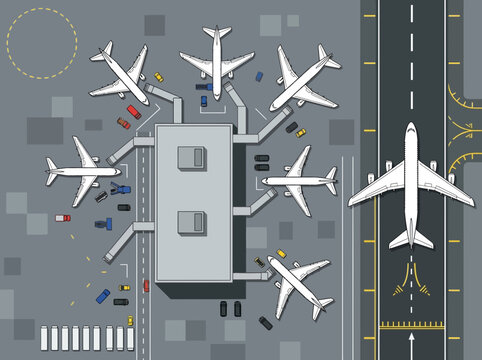 Aerial View Vector Illustration of Airport Terminal and Runway with Airplanes