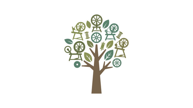Conceptual tree illustration with vintage spinning wheels and textile tools