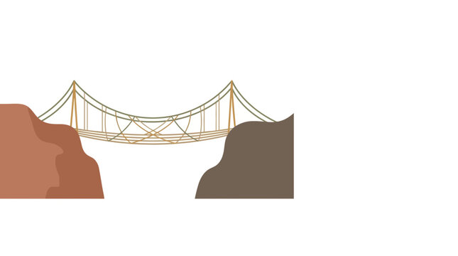 Flat vector illustration of a suspension bridge connecting two cliffs