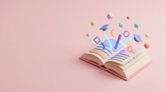 3D isometric illustration of magical open textbook with graduation cap and geometric shapes