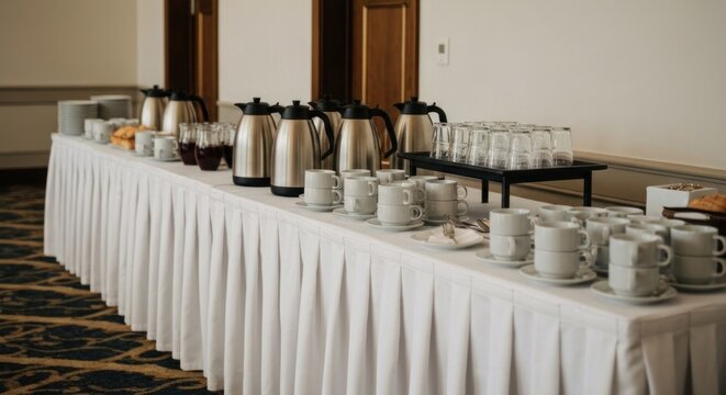 Buffet table set for refreshments with coffee, tea, cups, glasses, and snacks