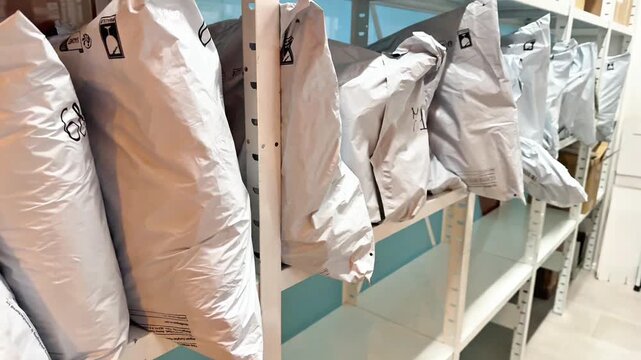 Wrapped parcels stored on shelves in a postal workplace, ready for sorting and dispatch, postal logistics, package delivery, ecommerce fulfillment.